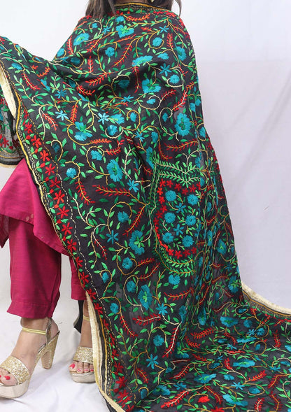 Stunning Multicolor Embroidered Phulkari Chanderi Silk Dupatta - Luxurion World