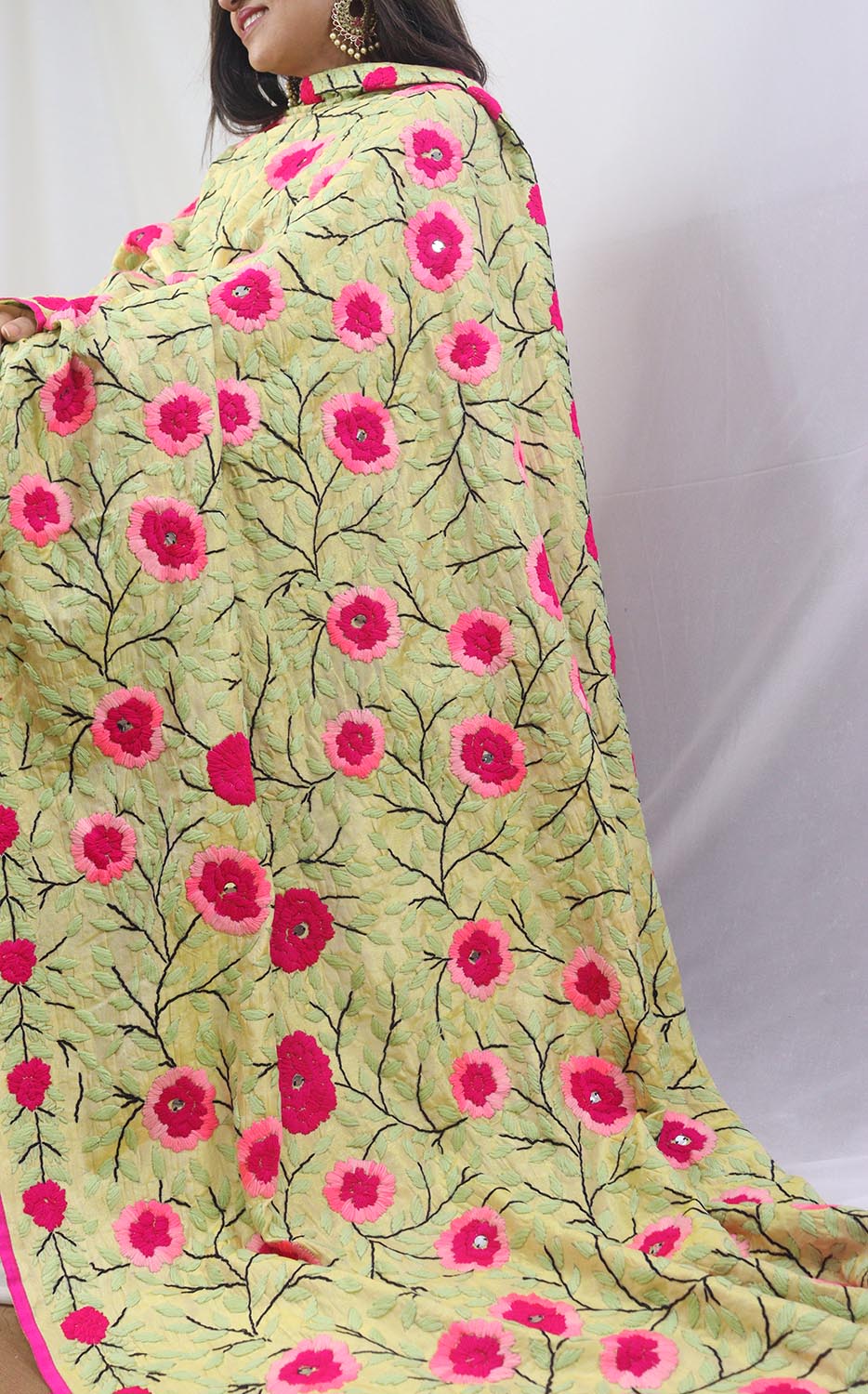 Stunning Yellow Phulkari Chanderi Silk Dupatta with Hand Embroidery - Luxurion World