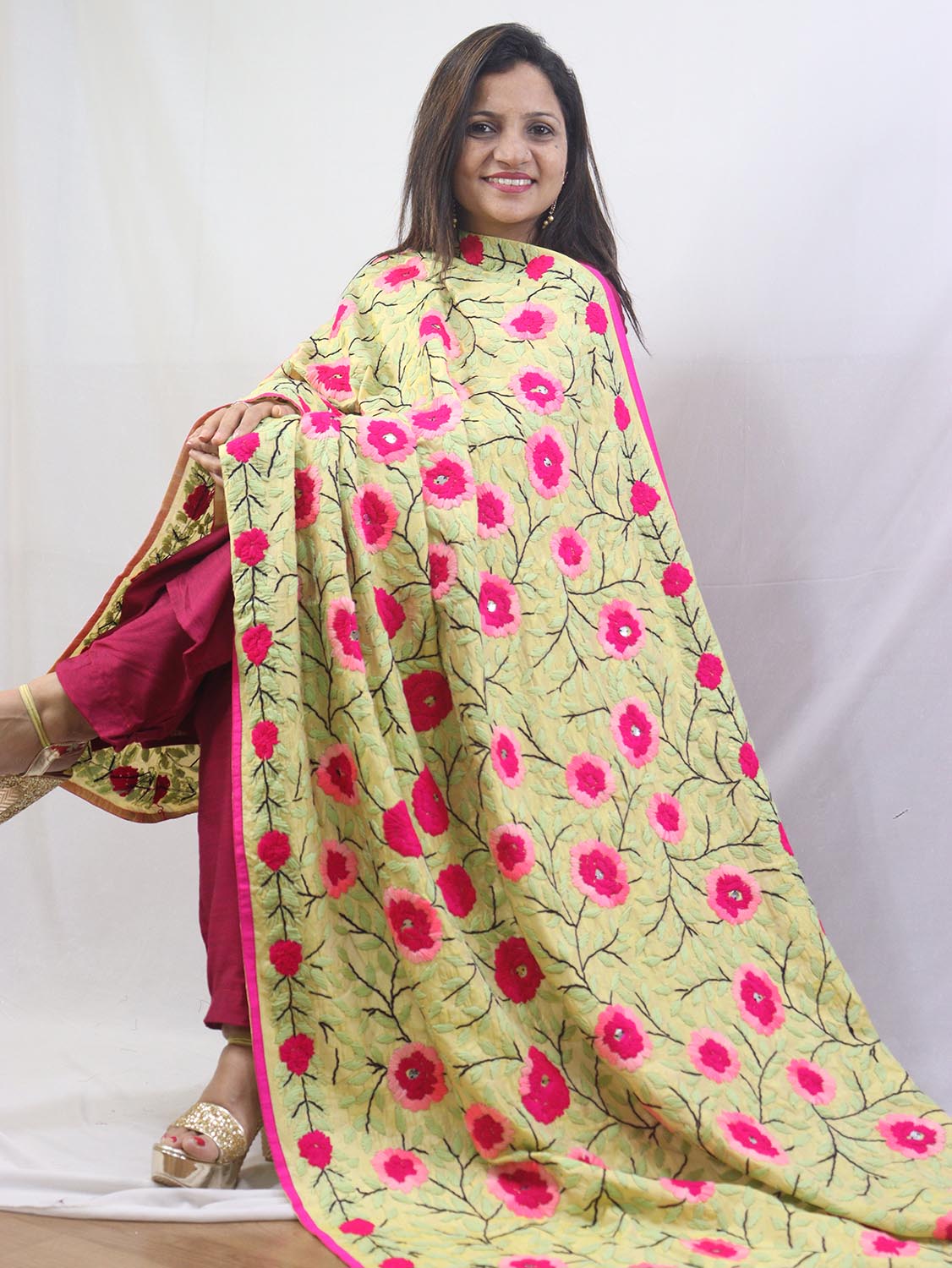 Stunning Yellow Phulkari Chanderi Silk Dupatta with Hand Embroidery