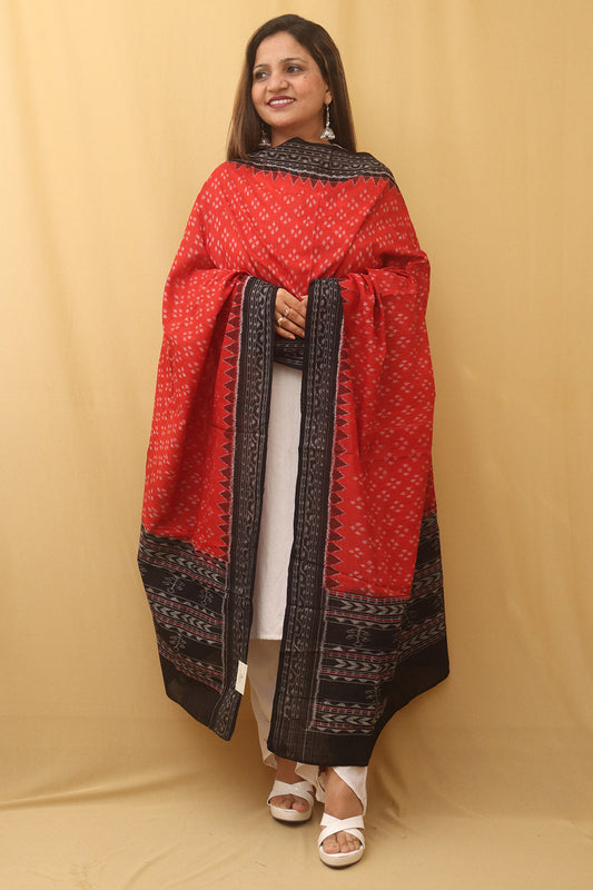 Red Handloom Sambalpuri Ikat Pure Cotton Dupatta - Luxurion World