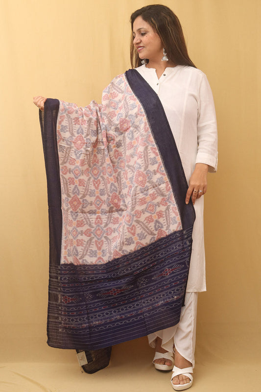 Off White Handloom Sambalpuri Ikat Pure Cotton Dupatta - Luxurion World