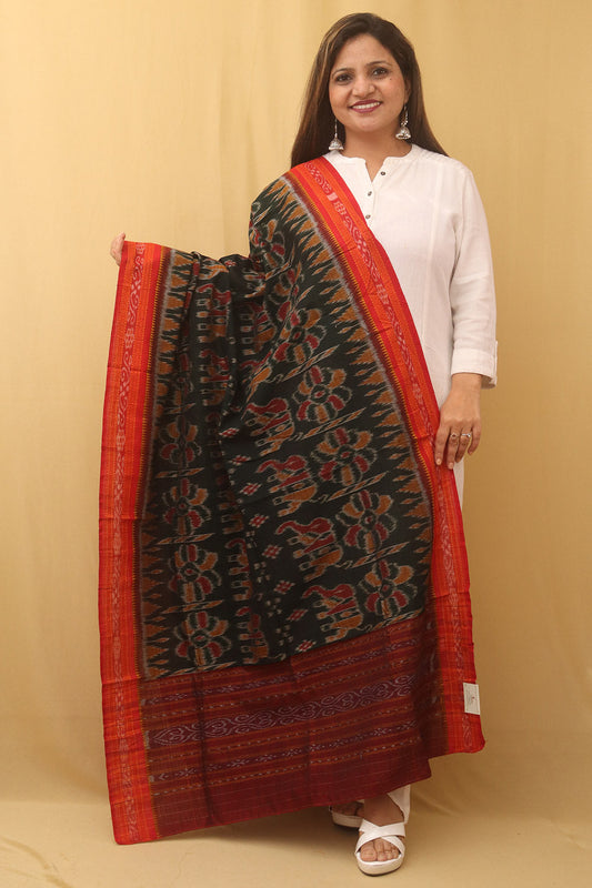 Green Handloom Sambalpuri Ikat Pure Cotton Dupatta - Luxurion World