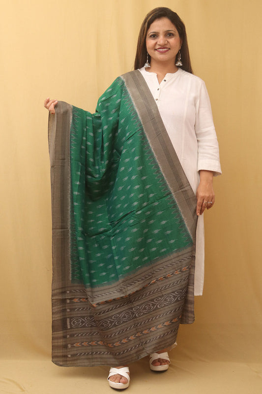Green Handloom Sambalpuri Ikat Pure Cotton Dupatta - Luxurion World