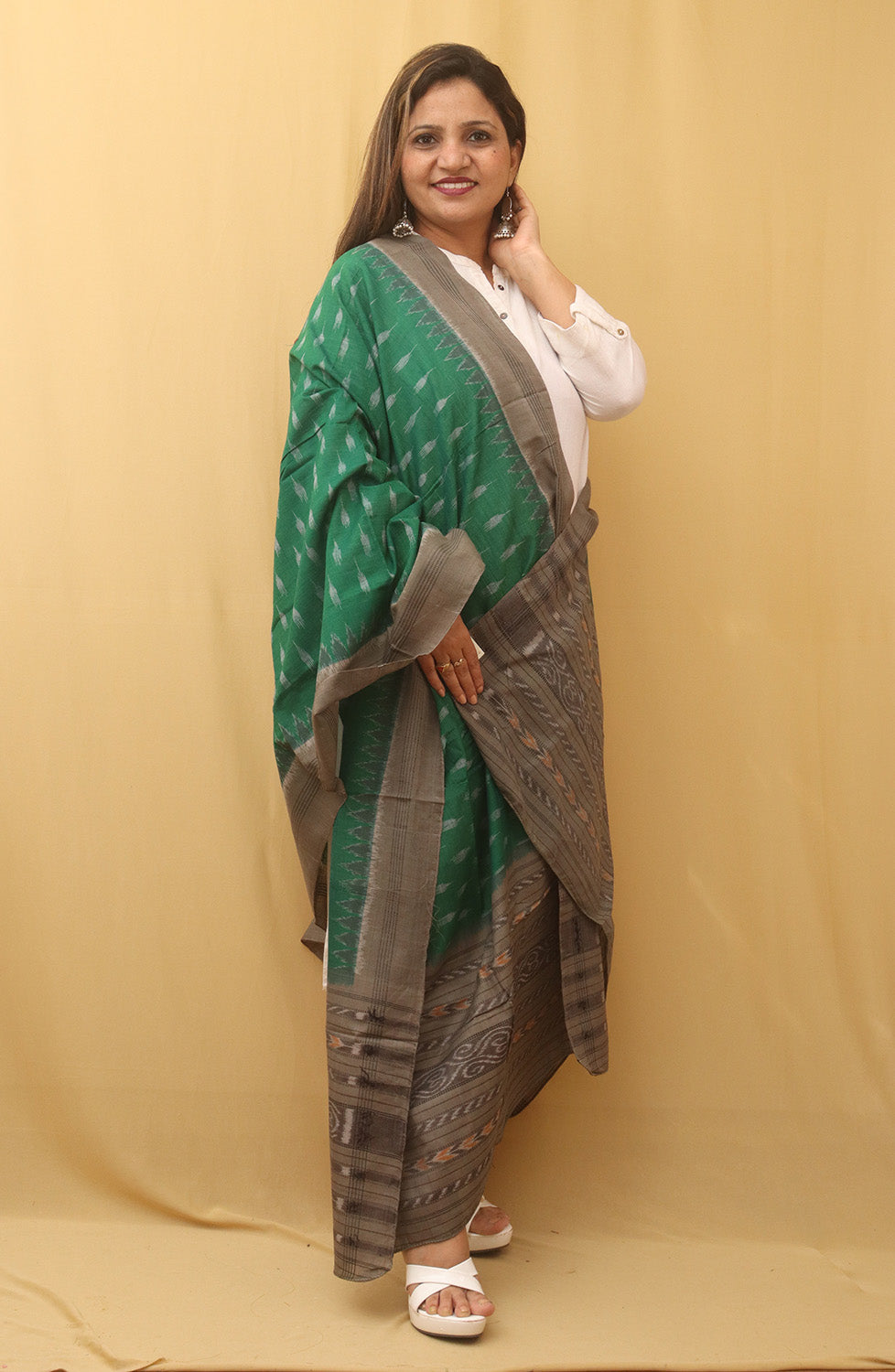Green Handloom Sambalpuri Ikat Pure Cotton Dupatta - Luxurion World
