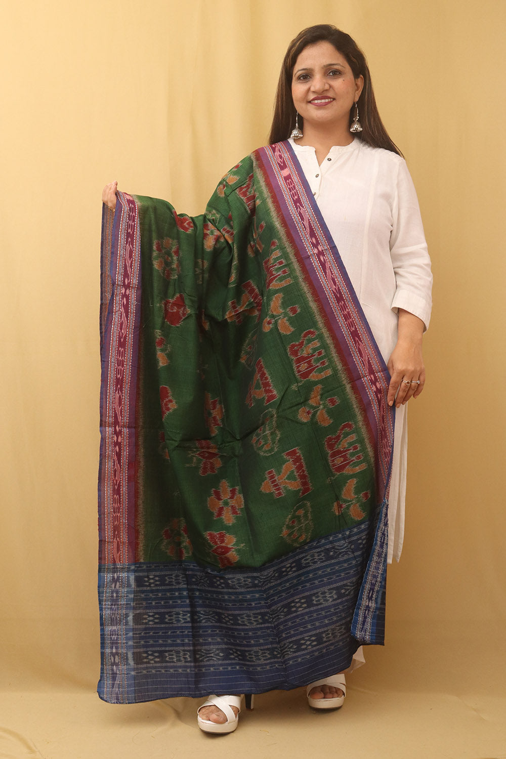 Green Handloom Sambalpuri Ikat Pure Cotton Dupatta - Luxurion World
