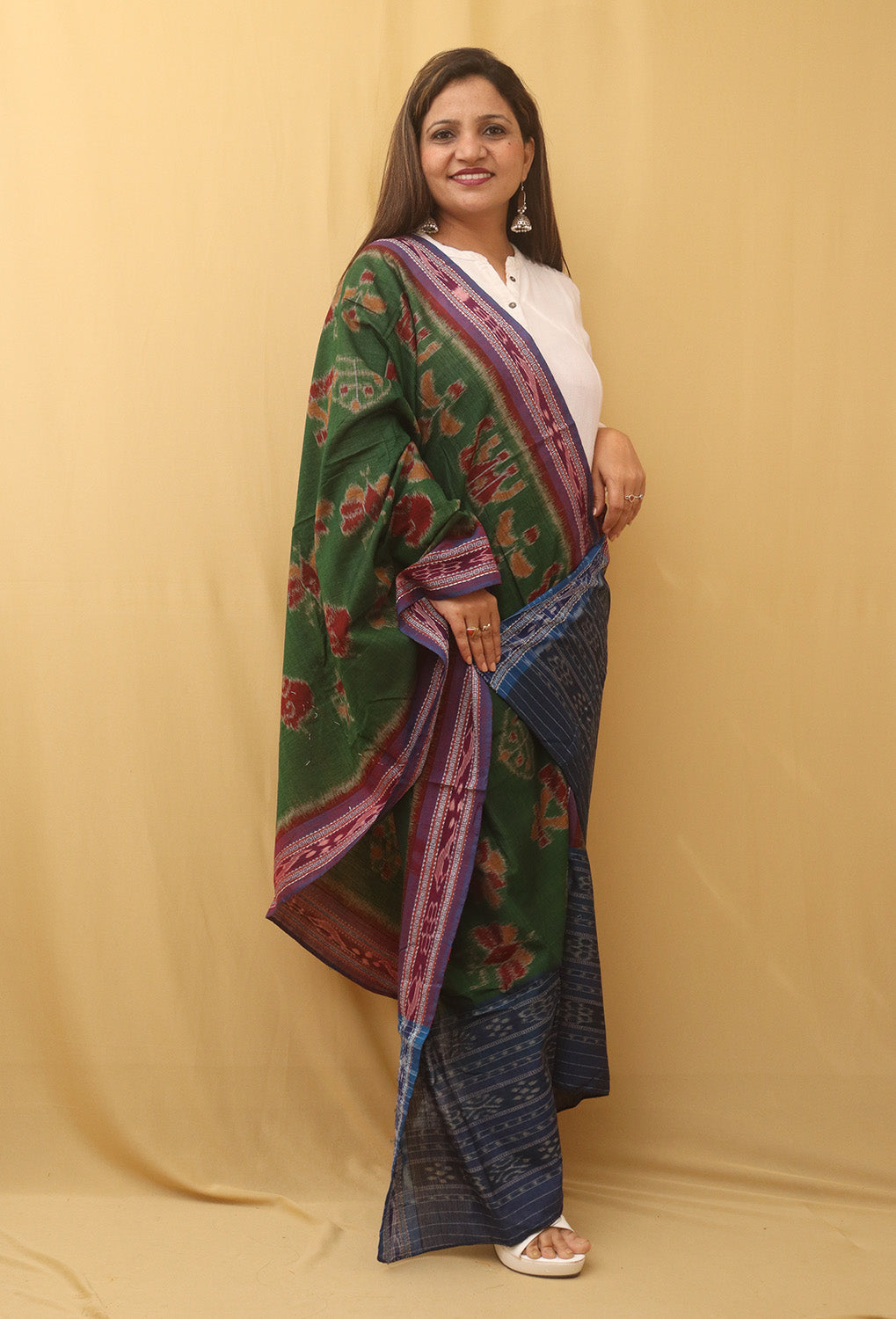 Green Handloom Sambalpuri Ikat Pure Cotton Dupatta - Luxurion World