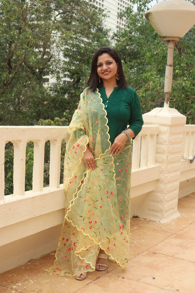 Yellow Embroidered Trendy Organza Dupatta With Scalloped Border - Luxurion World