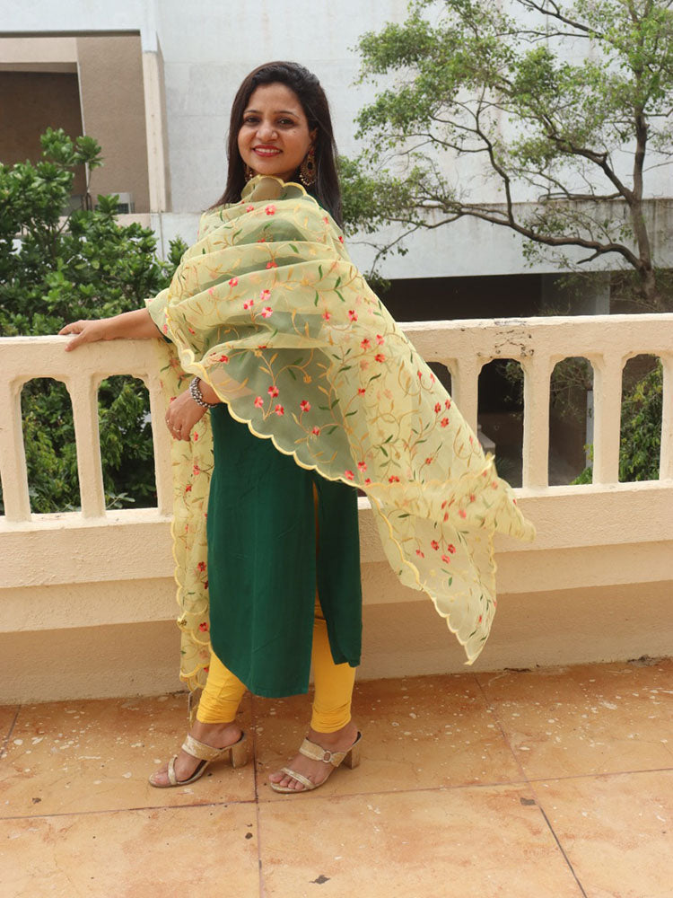 Yellow Embroidered Trendy Organza Dupatta With Scalloped Border - Luxurion World
