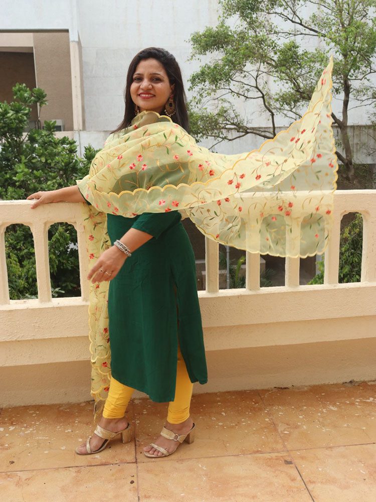 Yellow Embroidered Trendy Organza Dupatta With Scalloped Border - Luxurion World