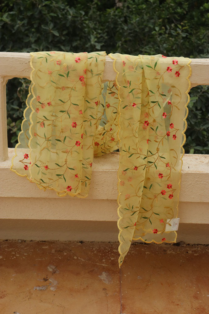 Yellow Embroidered Trendy Organza Dupatta With Scalloped Border - Luxurion World