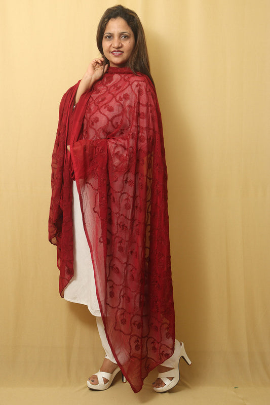 Embroidered Maroon Georgette Dupatta: Stylish and Trendy - Luxurion World