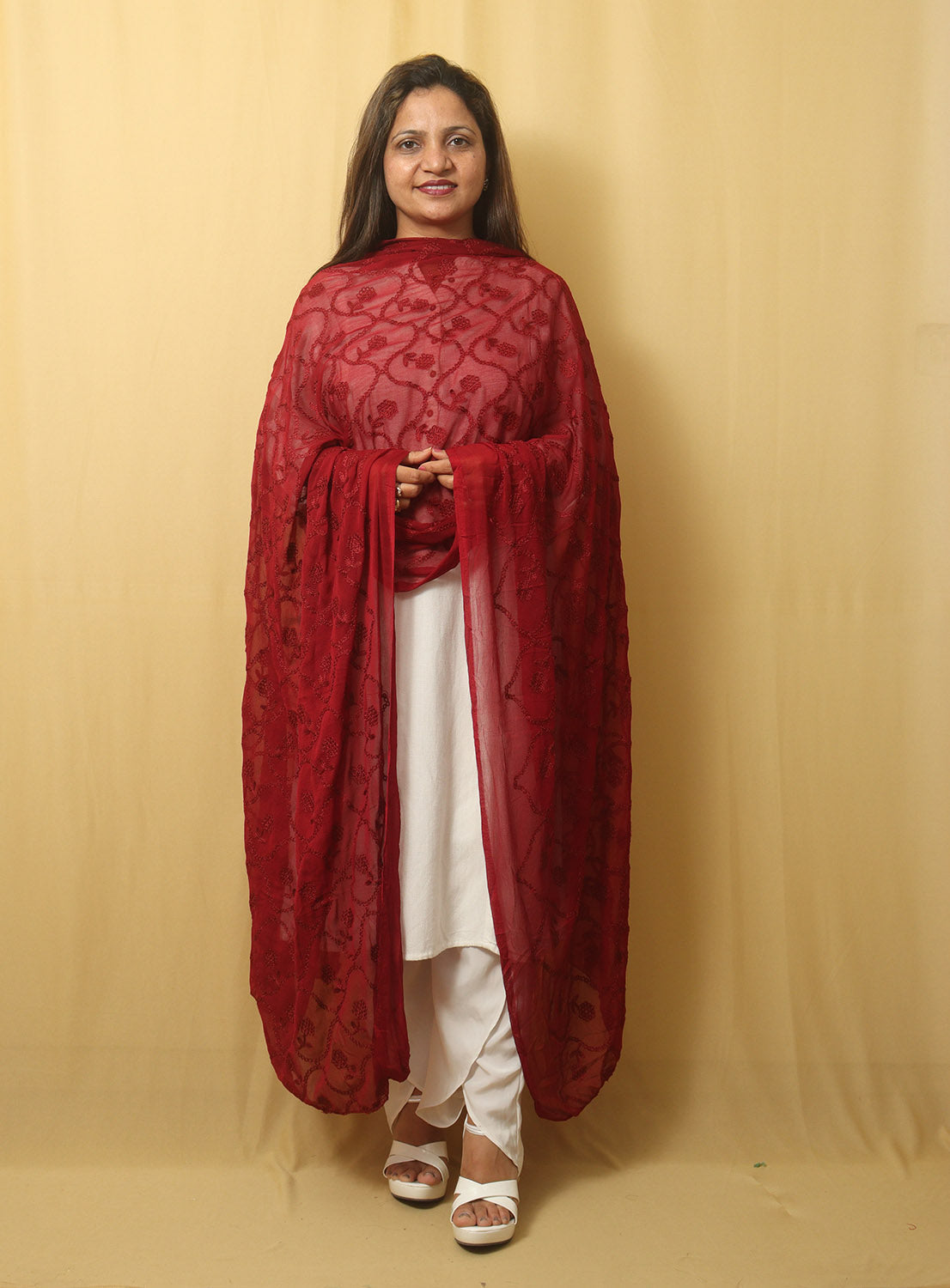 Embroidered Maroon Georgette Dupatta: Stylish and Trendy - Luxurion World