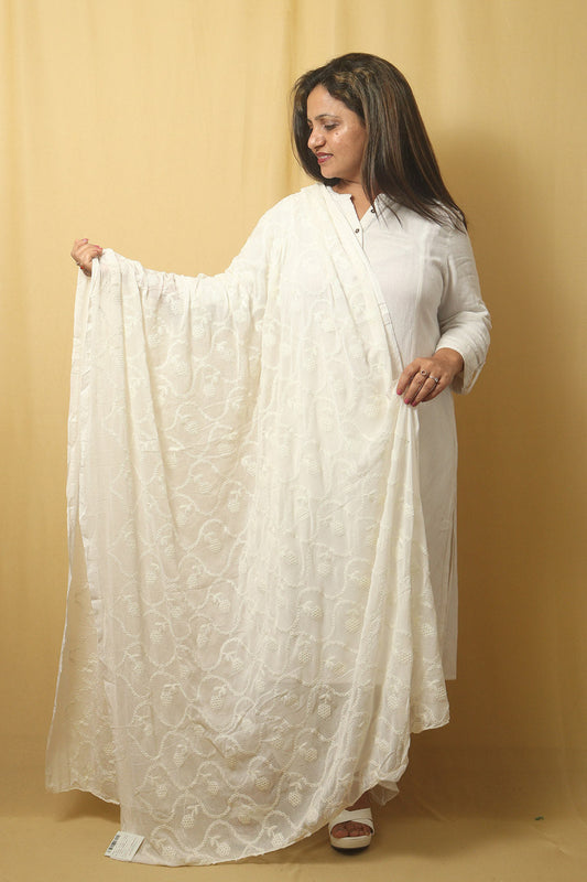 Chic White Trend: Stylish Georgette Dupatta with Embroidery - Luxurion World