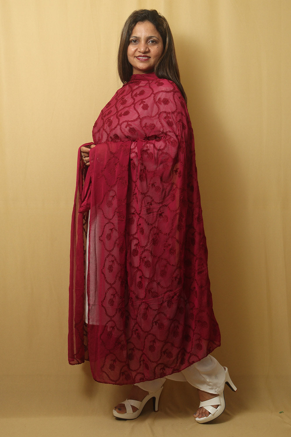 Stylish Maroon Georgette Dupatta with Trendy Embroidery - Luxurion World