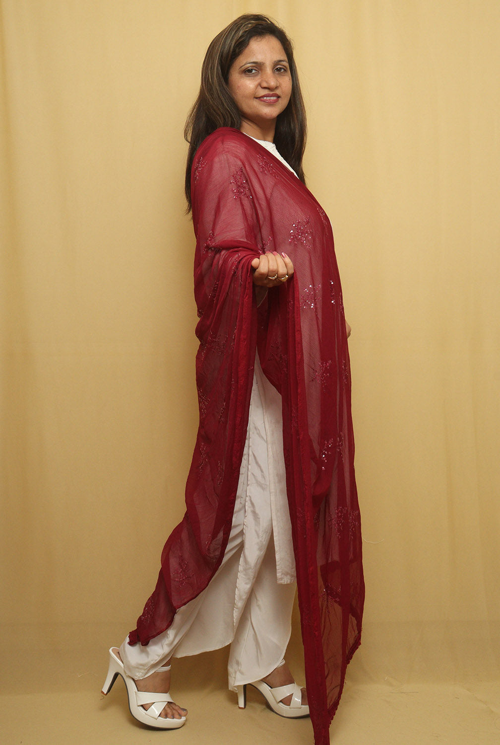 Stylish Maroon Georgette Dupatta with Sequins Embellishments - Luxurion World