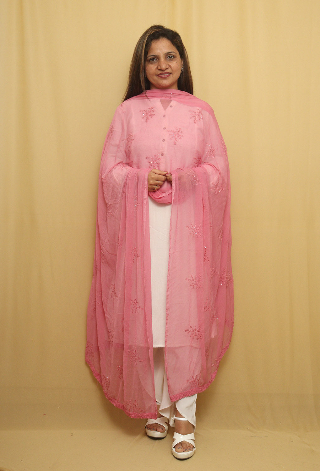 Sparkling Pink Georgette Dupatta with Sequins - Luxurion World