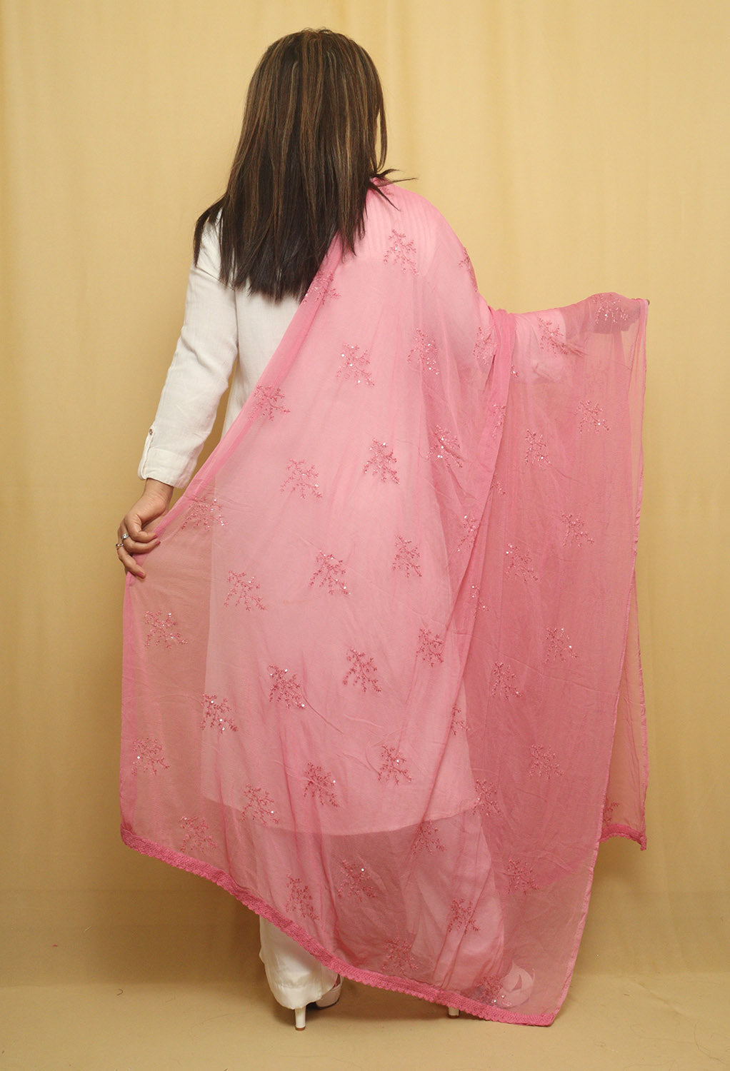 Sparkling Pink Georgette Dupatta with Sequins - Luxurion World