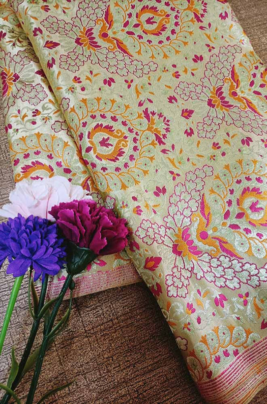 Pastel Banarasi Kimkhwab Silk Meenakari Fabric  ( 1 Mtr ) - Luxurion World