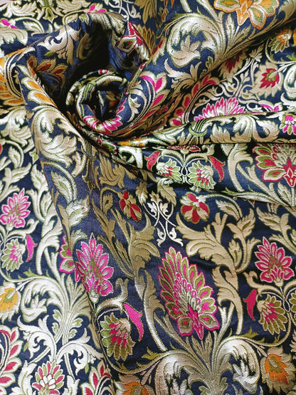 Black Banarasi Kimkhwab Silk Meenakari Fabric ( 1 Mtr ) - Luxurion World