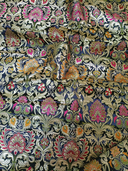Black Banarasi Kimkhwab Silk Meenakari Fabric ( 1 Mtr ) - Luxurion World