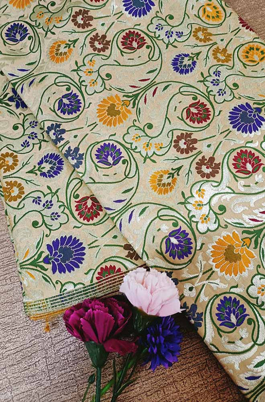 Pastel Banarasi Kimkhwab Silk Meenakari Fabric  ( 1 Mtr ) - Luxurion World