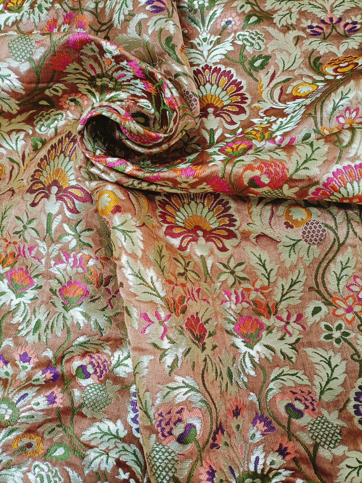 Multicolor Banarasi Kimkhwab Silk Meenakari Fabric  ( 1 Mtr ) - Luxurion World