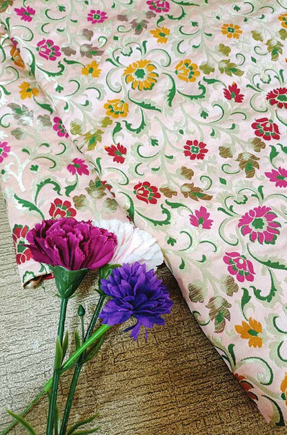 Pastel Banarasi Kimkhwab Silk Meenakari Fabric  ( 0.8 Mtr ) - Luxurion World