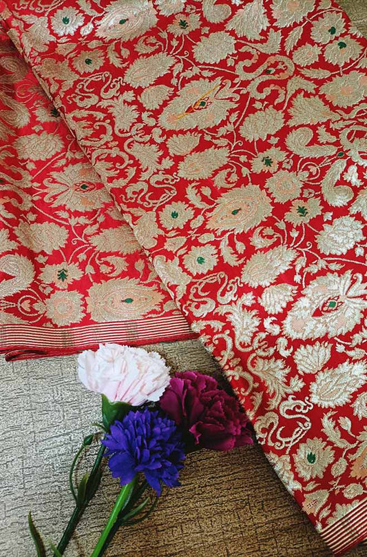 Red Banarasi Kimkhwab Silk Meenakari Fabric  ( 1 Mtr ) - Luxurion World