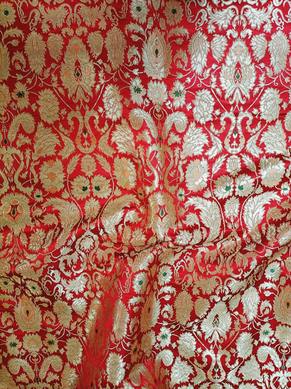 Red Banarasi Kimkhwab Silk Meenakari Fabric  ( 1 Mtr ) - Luxurion World