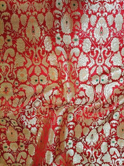 Red Banarasi Kimkhwab Silk Meenakari Fabric  ( 1 Mtr ) - Luxurion World
