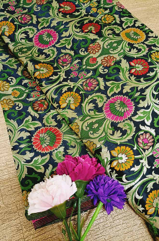 Black Banarasi Kimkhwab Silk Meenakari Fabric  ( 1 Mtr ) - Luxurion World
