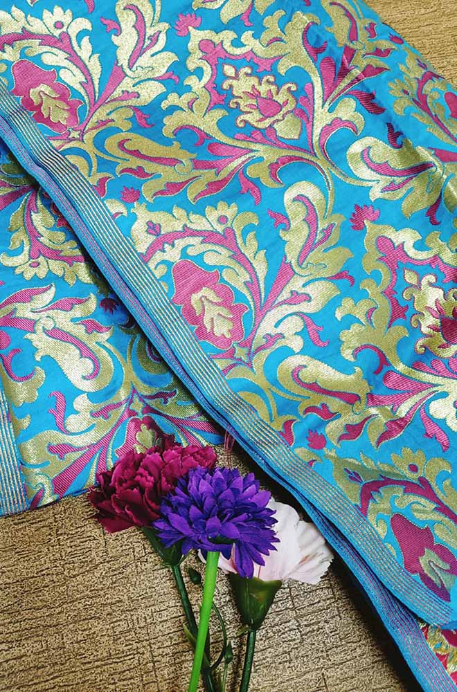 Blue Banarasi Kimkhwab Silk Meenakari Fabric  ( 1.5 Mtr ) - Luxurion World
