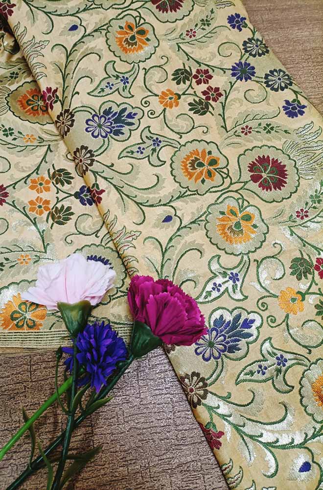 Pastel Banarasi Kimkhwab Silk Meenakari Fabric ( 1 Mtr ) - Luxurion World