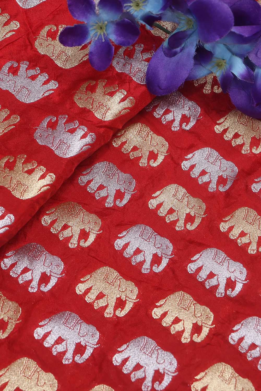 Red Banarasi Silk Elephant Design Fabric (1 Mtr)