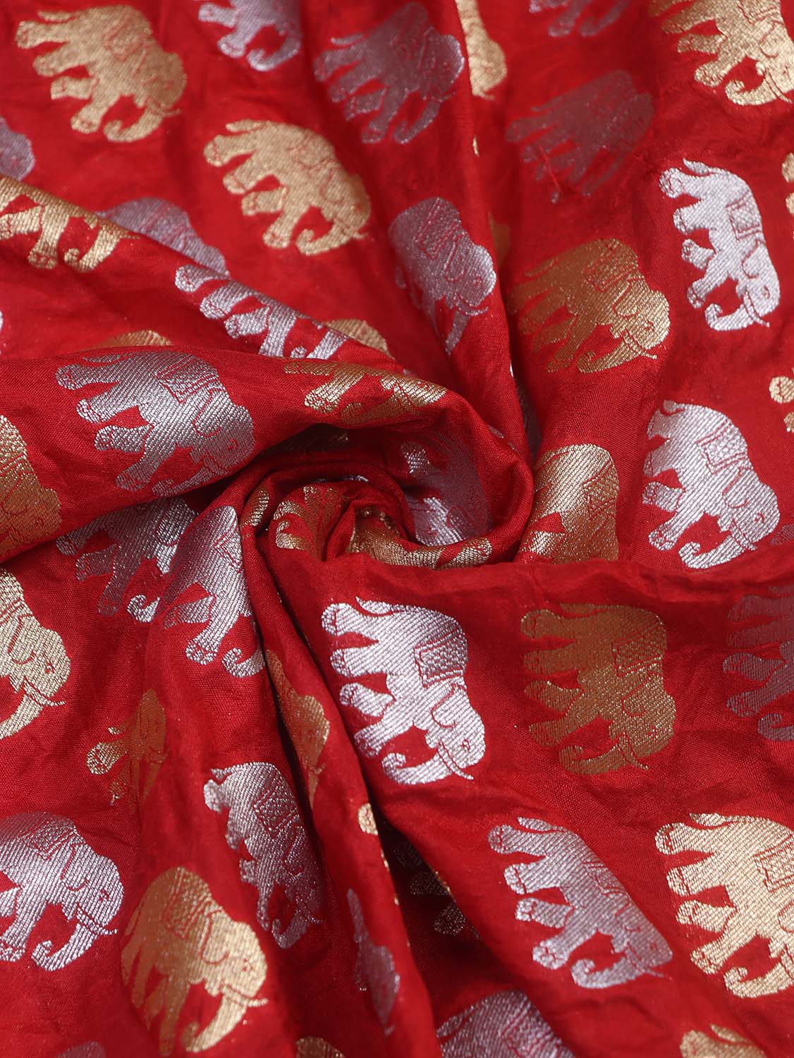 Red Banarasi Silk Elephant Design Fabric (1 Mtr) - Luxurion World