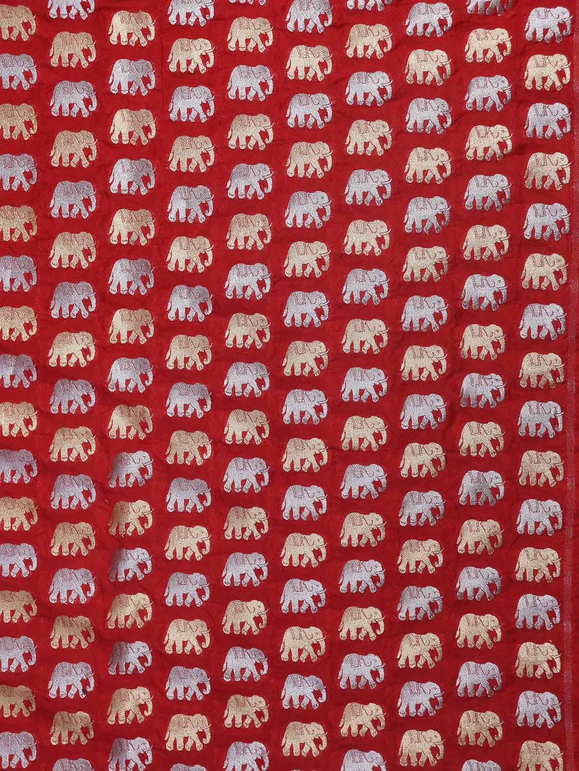 Red Banarasi Silk Elephant Design Fabric (1 Mtr) - Luxurion World