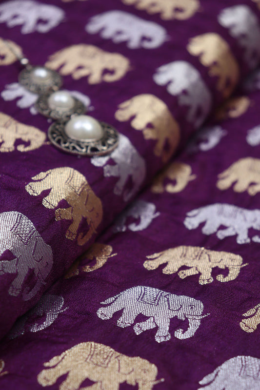 Purple Banarasi Silk Elephant Design Sona Roopa Fabric ( 1 Mtr )
