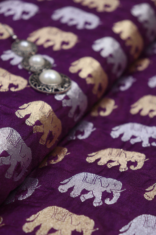 Purple Banarasi Silk Elephant Design Sona Roopa Fabric ( 1 Mtr ) - Luxurion World