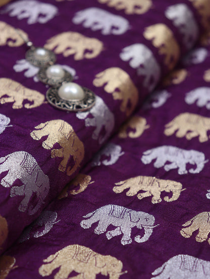 Purple Banarasi Silk Elephant Design Sona Roopa Fabric ( 1 Mtr ) - Luxurion World