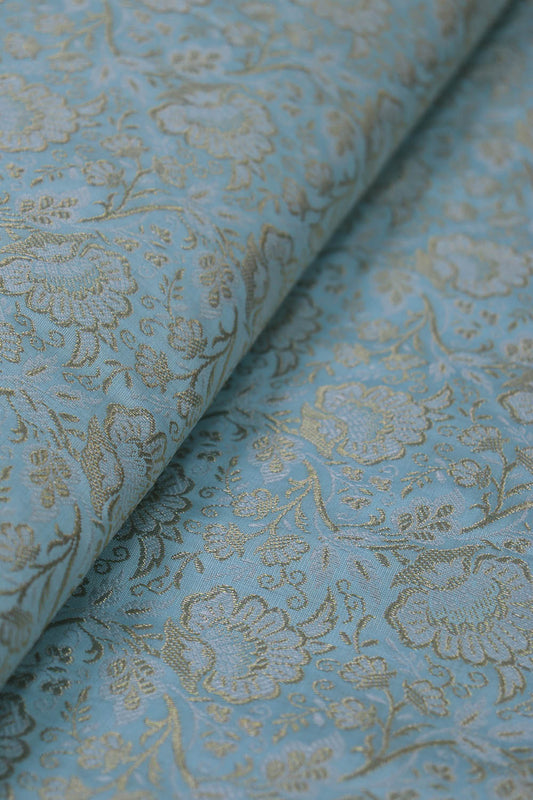 Blue Banarasi Silk Brocade Fabric (0.75 Mtr ) - Luxurion World