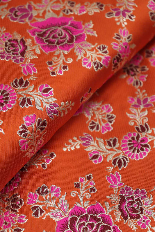 Stunning Orange Banarasi Silk Meenakari Fabric - 1.5 Mtr