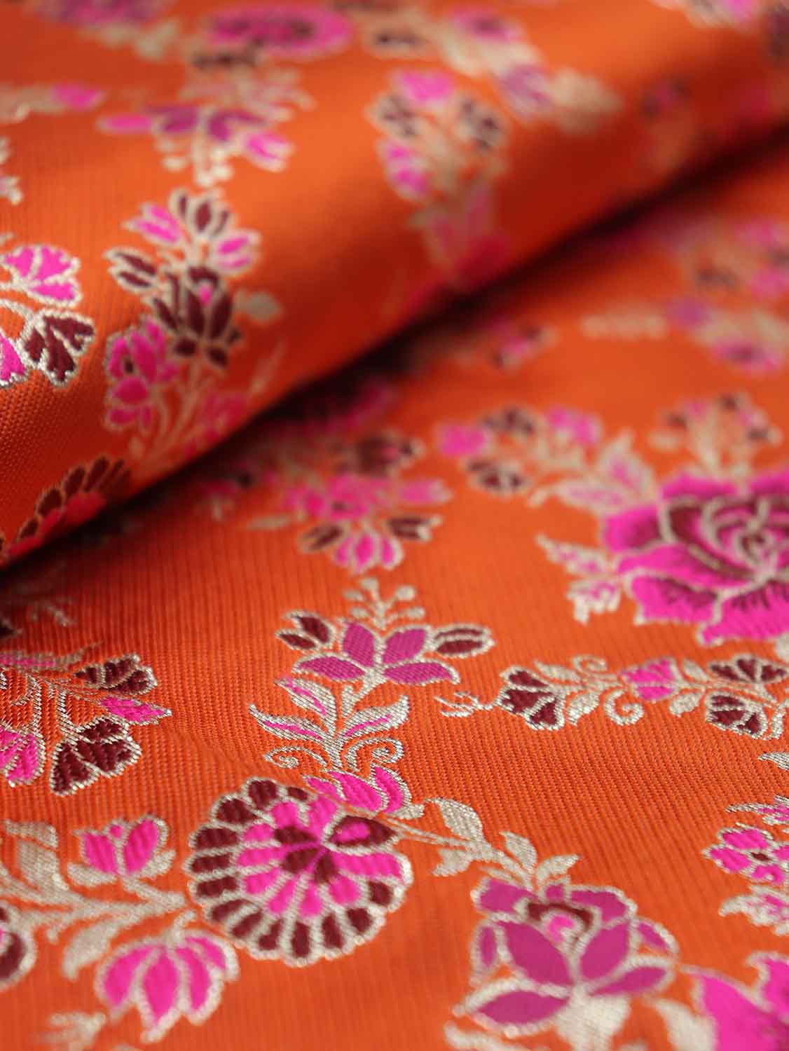 Stunning Orange Banarasi Silk Meenakari Fabric - 1.5 Mtr - Luxurion World