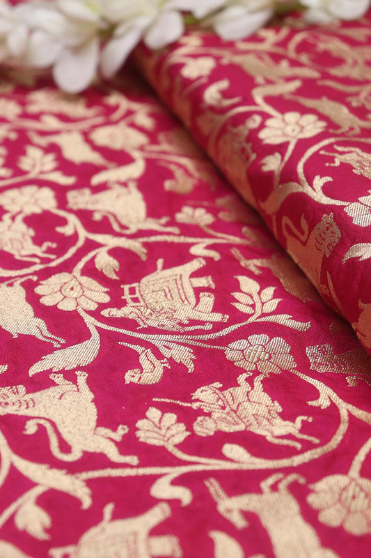 Pink Banarasi Silk Shikargah Fabric ( 2.5 Mtr ) - Luxurion World