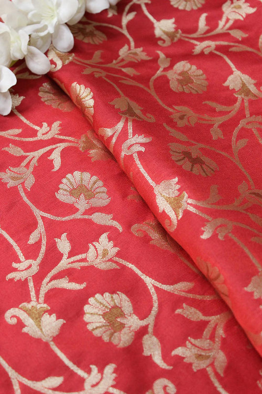 Red Banarasi Silk Fabric (  1 Mtr ) - Luxurion World
