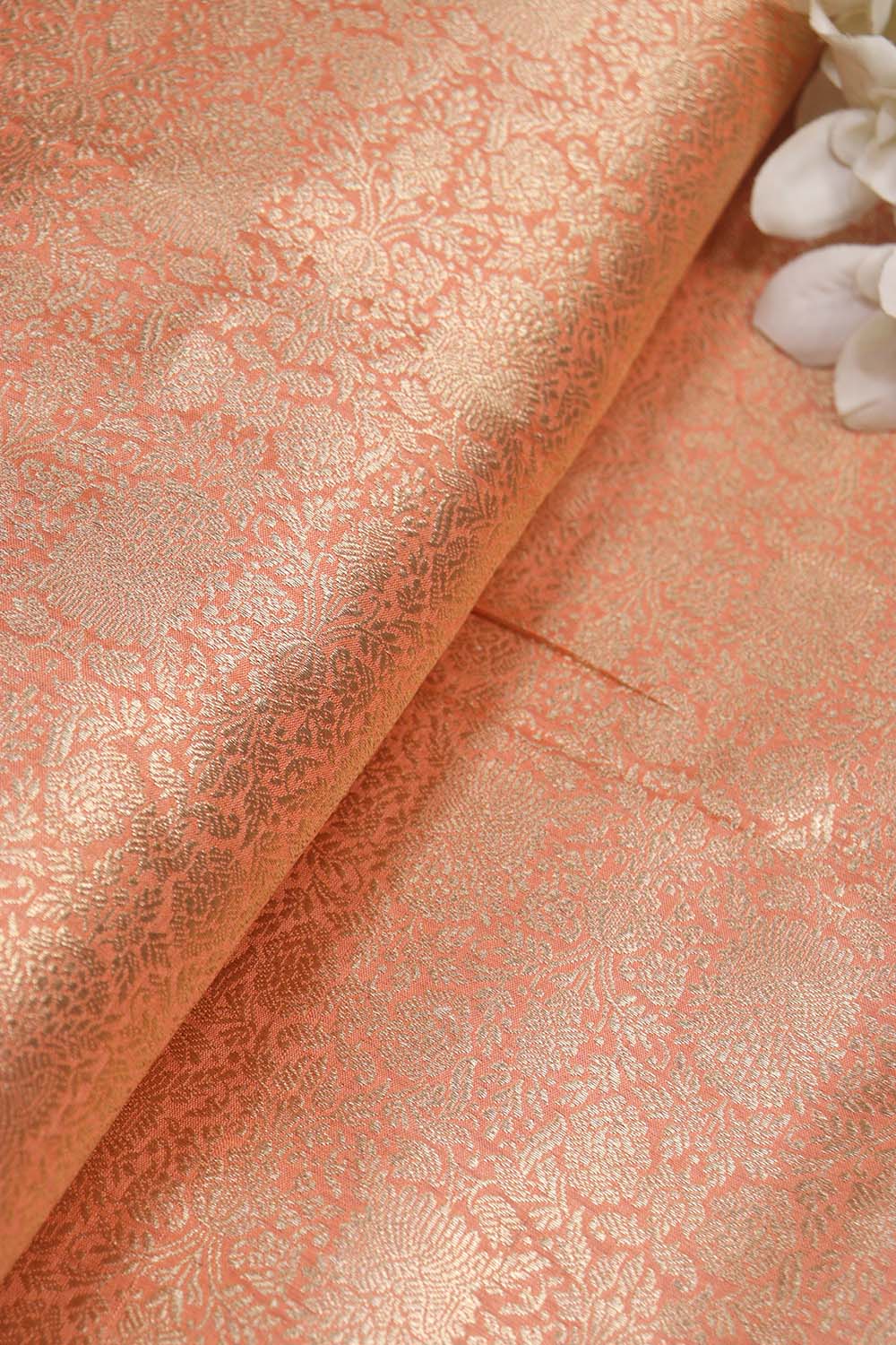 Elegant Peach Banarasi Pure Katan Silk Brocade Fabric (1.5 Mtr) - Luxurion World