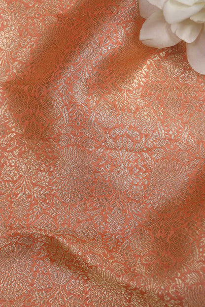 Elegant Peach Banarasi Pure Katan Silk Brocade Fabric (1.5 Mtr) - Luxurion World
