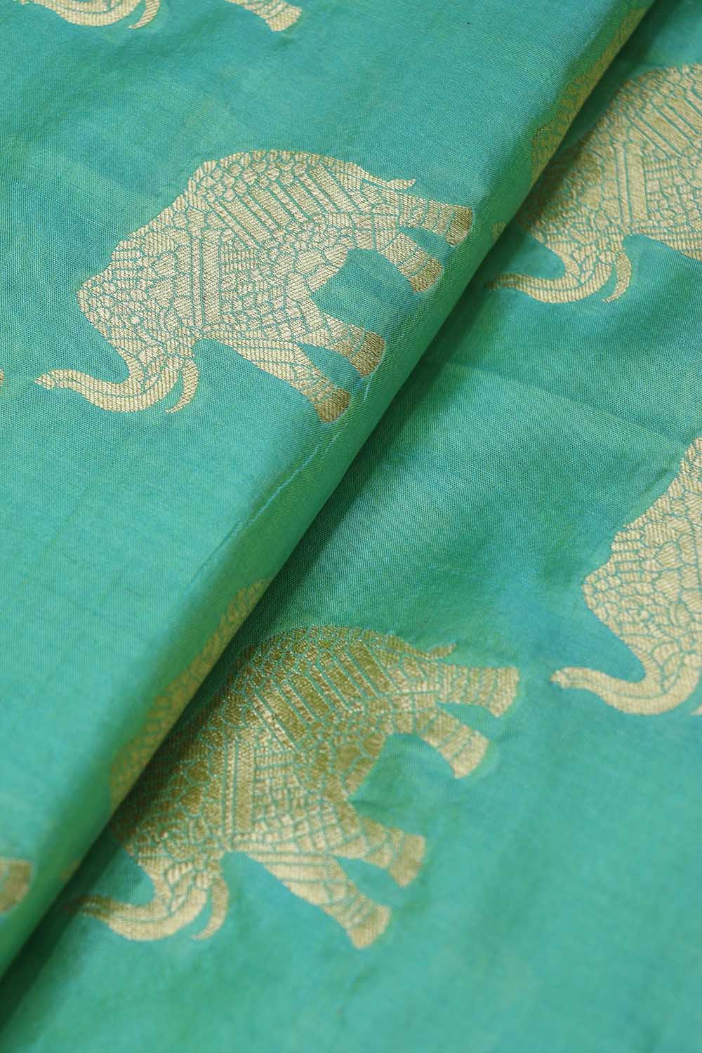 Green Handloom Banarasi Pure Katan Silk Elephant Design Fabric (1 Mtr) - Luxurion World