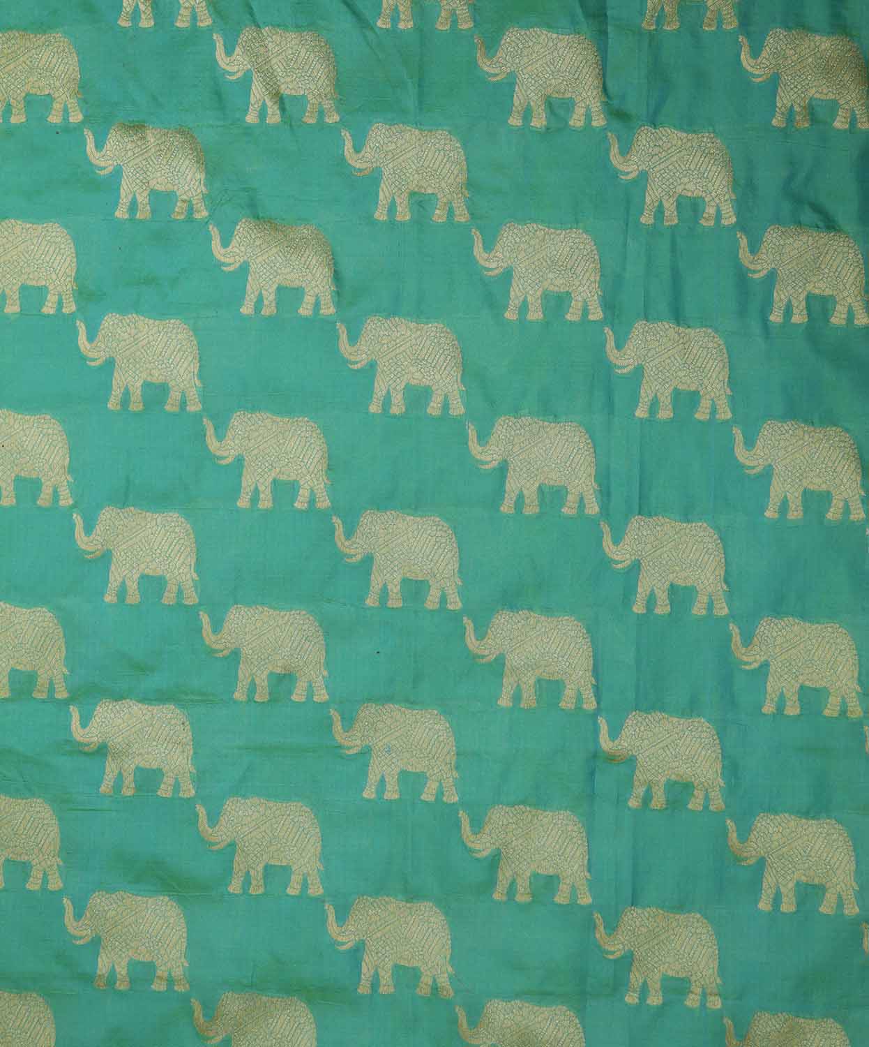 Green Handloom Banarasi Pure Katan Silk Elephant Design Fabric (1 Mtr) - Luxurion World
