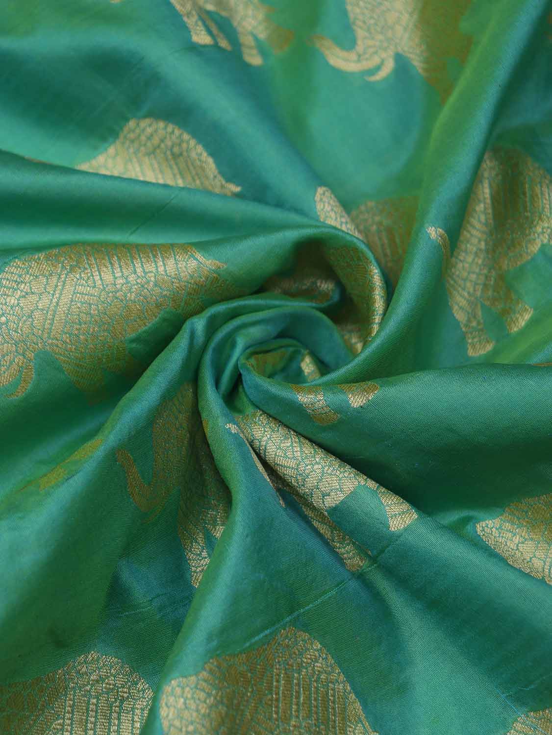 Green Handloom Banarasi Pure Katan Silk Elephant Design Fabric (1 Mtr) - Luxurion World