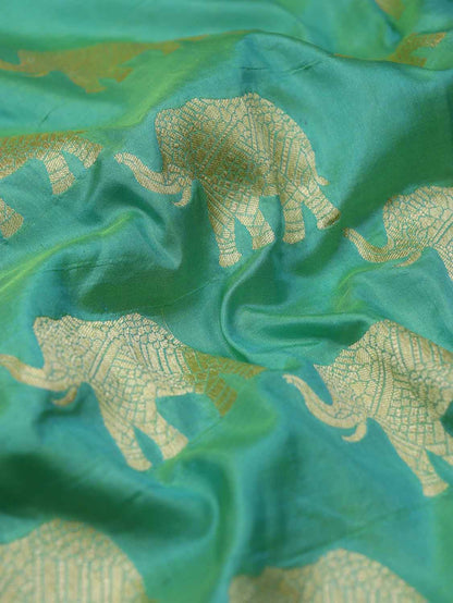 Green Handloom Banarasi Pure Katan Silk Elephant Design Fabric (1 Mtr)